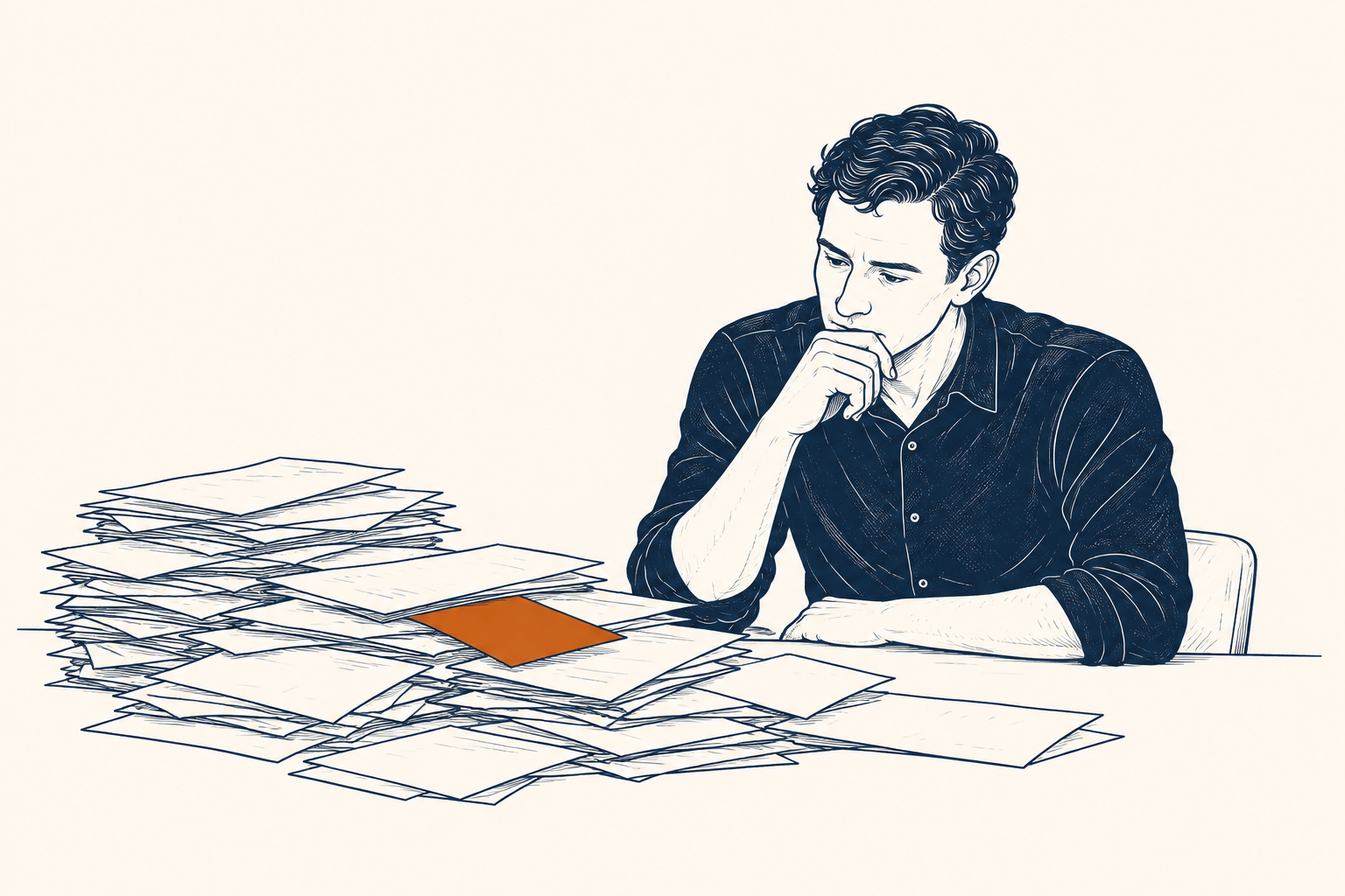 A leader looking through a pile of papers, with one orange priority card among them.